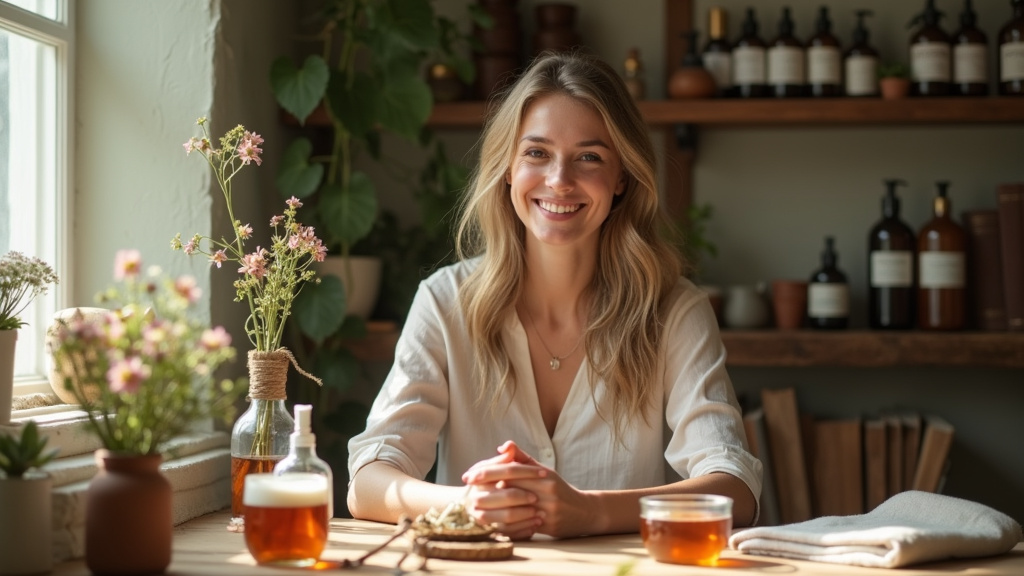 Cécile Briat dans son institut à Bordeaux, entourée de produits naturels