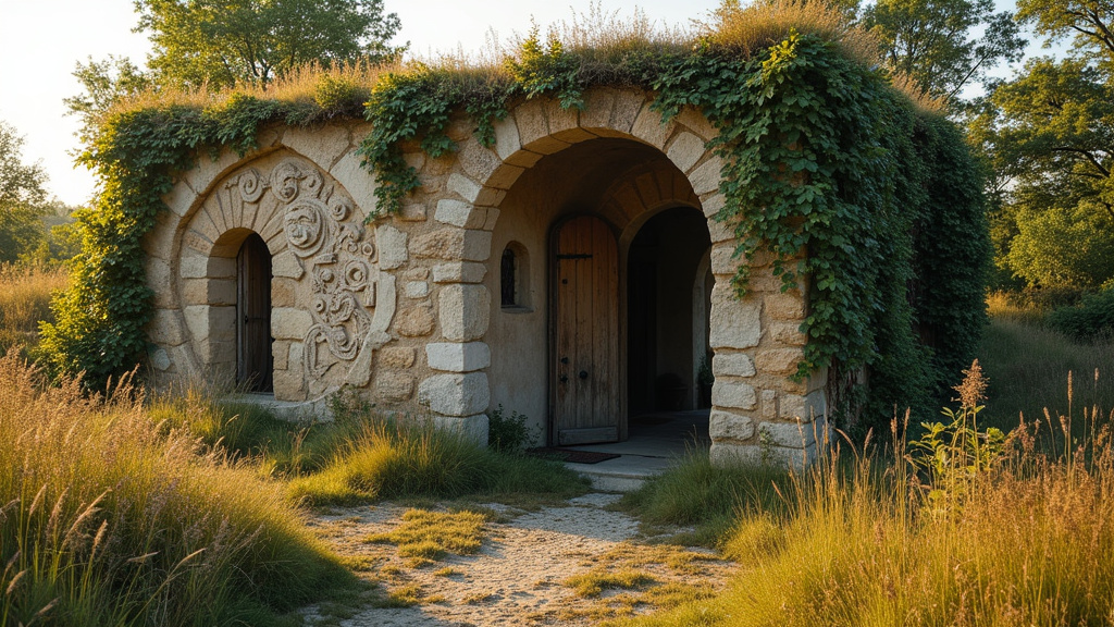 Vue aérienne de la Maison Robert Tatin à Cossé-le-Vivien en Mayenne, montrant l'architecture unique et les sculptures monumentales