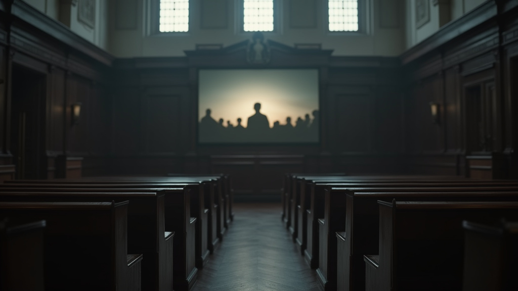 Reconstitution de la salle d'audience spécialement aménagée pour le procès V13
